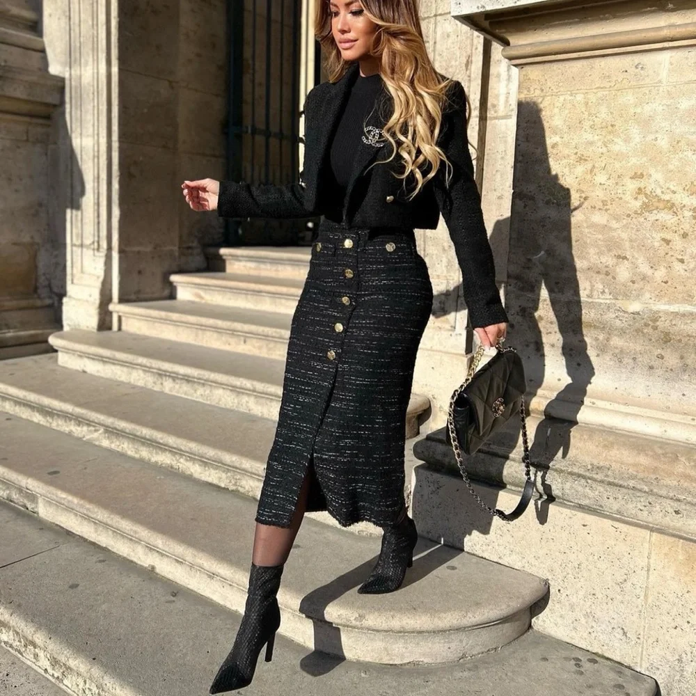 Zara Black Tweed Texture Gold Metallic Buttons Front Slit Midi Pencil Skirt - Picture 6 of 16